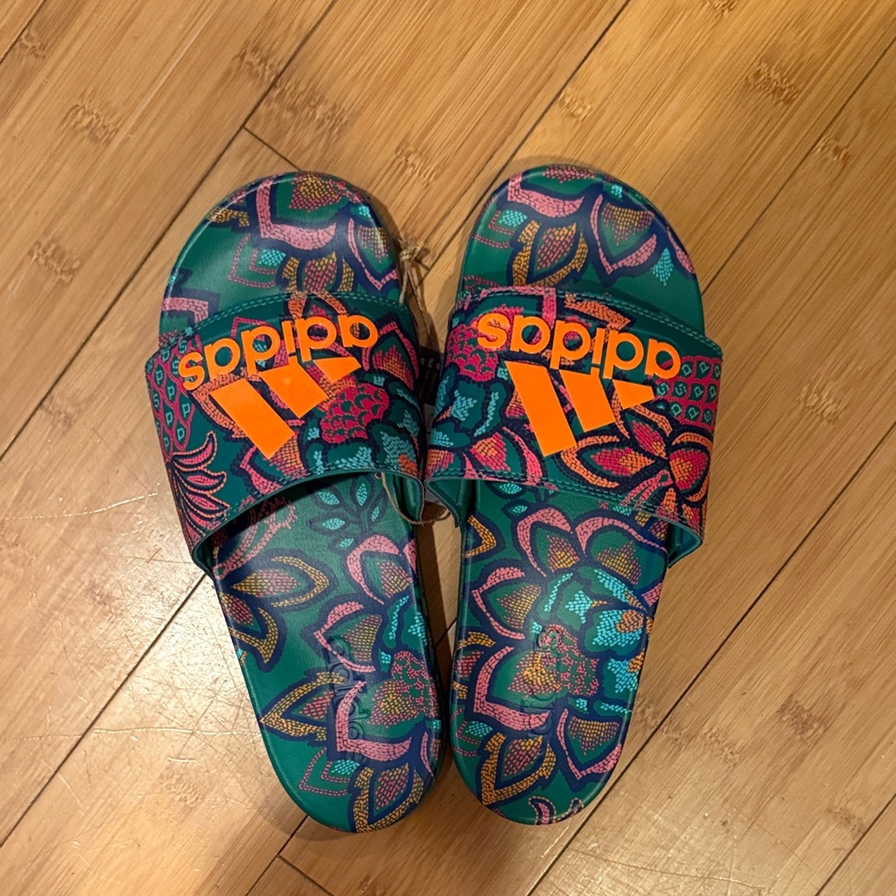 adidas Farm Rio collaboration Teal Floral Slide Sandals with Bright Orange Logo
